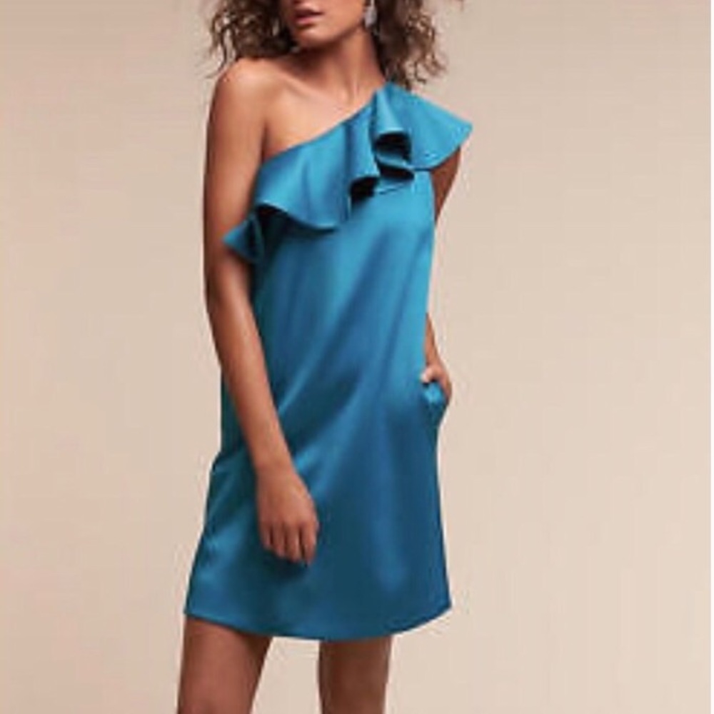 NWOT BHLDN Blue One Shoulder Ruffle Dress